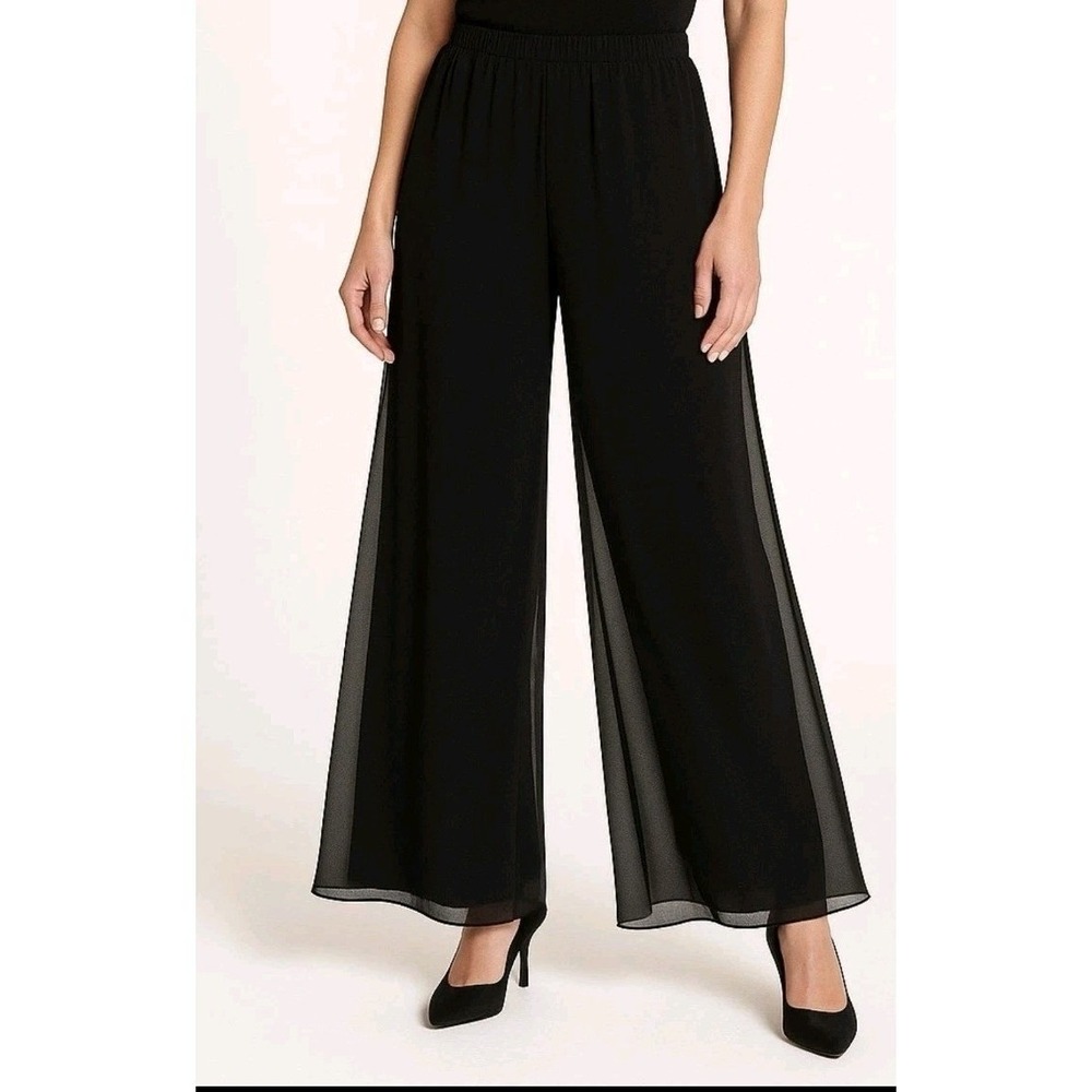 Chiffon Overlay Pants L Formal Layered Pull On Wide-Leg Dress Black Palazzo Mesh